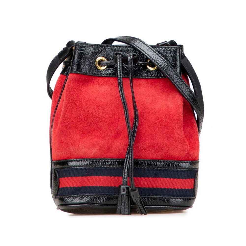 Gucci Bucket Crossbody Shoulder Bag Red Black Suede Leather